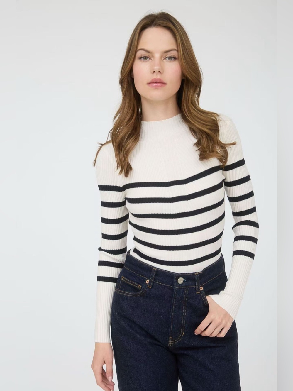 The Workshop Ivory Black Striped Ribbed Crewneck Sweater